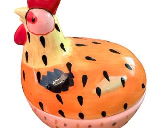 Pfaltzgraff Pistoulet Sitting Chicken Jane Kotlpen trinket box orange blue