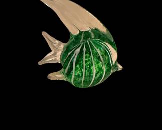 Art Glass Hand Blown Angel Fish Stripes Green & White Paperweight 5”