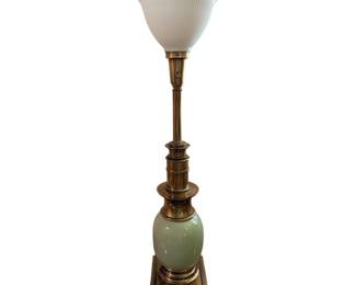 Stiffel Celadon Ostrich Egg Lamp Green Porcelain and Brass Lamp with IES milk glass diffuser shade, pair