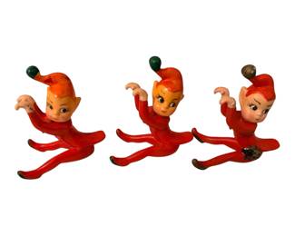 Vintage MCM Red Rubber Pixie 3 Elf Figurines Hanging Mantle Decor Christmas