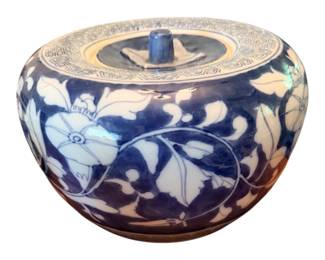 Blue-Ground, White-Enameled Floral Jar with Lid
