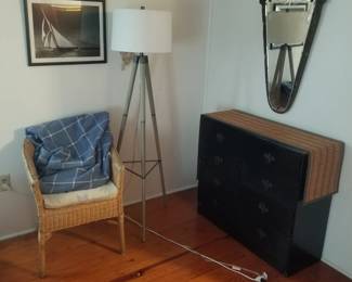 Dresser; floor lamp; mirror; accent chair
