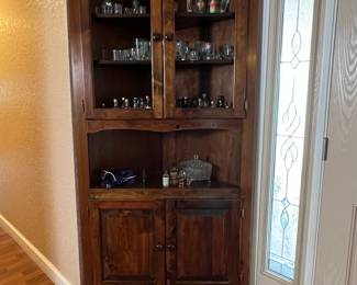 Vintage Pine Corner Cabinet with Glass Doors
