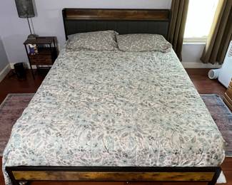 Industrial Style Metal and Wood Platform Bed Frame with Storage Headboard and Charging Ports