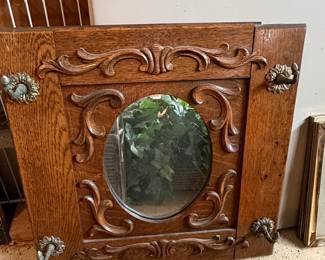 Antique Oak Hall Tree Mirror with Carved Accents and Hooks