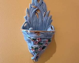 Vintage Blue Ceramic Wall Pocket Vase with Pink Floral Appliques and Gold Trim