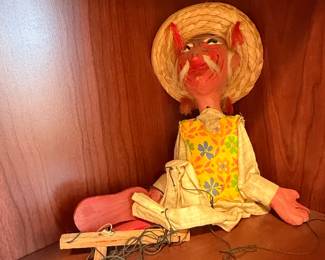 Vintage Mexican Marionette Puppet with Straw Hat