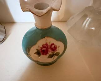 Vintage HandPainted Porcelain Vase with Turquoise Glaze and Floral Motif
