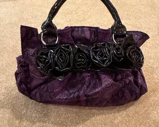 Purple Snakeskin Embossed Handbag with Black Patent Roses