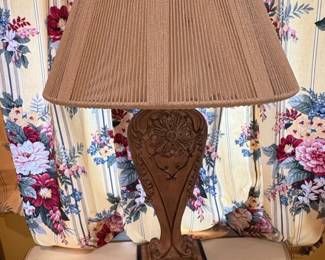 Vintage Carved Resin Table Lamp with Floral Shade