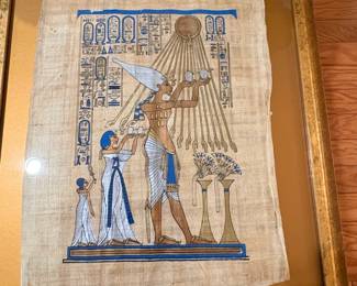Framed Egyptian Papyrus Painting of Akhenaten and Family