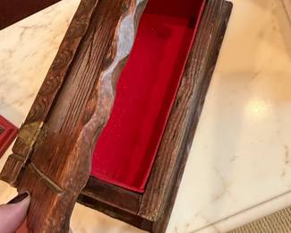 Carved Wooden Hinged Box with Starburst Motif second image
