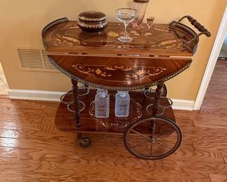 Vintage Italian Marquetry Inlaid Wood Bar Cart with Drop Leaves