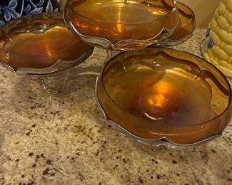Set of Amber Glass Pedestal Bowls with Silver Tone Trim