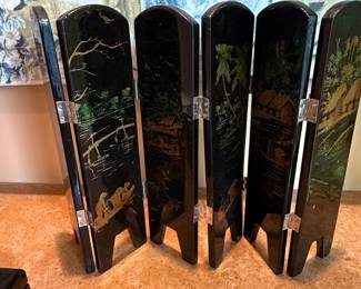 Vintage Black Lacquer Miniature Folding Screen with Asian Landscape Scenes