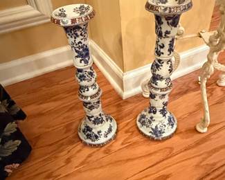 Vintage Blue and White Chinoiserie Porcelain Candlesticks Pair