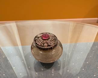 Vintage Glass Trinket Box with Ornate SilverTone Lid and Pink Cabochon