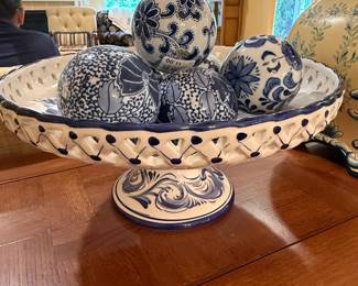 Blue and White Ceramic Decorative Orbs and Pedestal Bowl Set second image