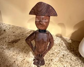Carved Wooden Figural Corkscrew  Man with Bicorne Hat