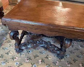 Ornate Carved Wood Coffee Table with Parquet Top  French Provincial Style third image