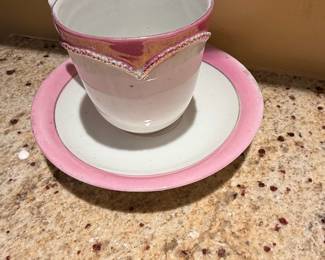 Pink Demitasse Teacup and Saucer Set with Iridescent Trim