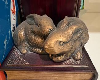 Bronzetone Bunny Figurines on Decorative Book