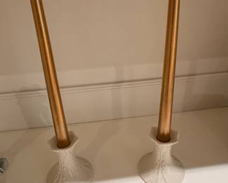 White Ceramic Textured Taper Candlesticks with Gold Tone Candles Set of 