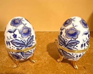 Set of Porcelain Decorative Egg Trinket Boxes with Gilded Accents and Blue Floral Motif