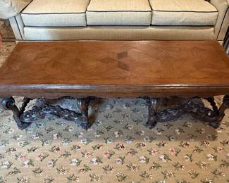 Ornate Carved Wood Coffee Table with Parquet Top  French Provincial Style