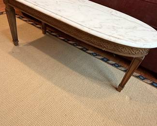 Oval Marble Top Coffee Table with Carved Wood Apron second image
