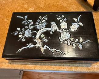 MOP Inlaid Black Lacquer Jewelry Box with Mirror