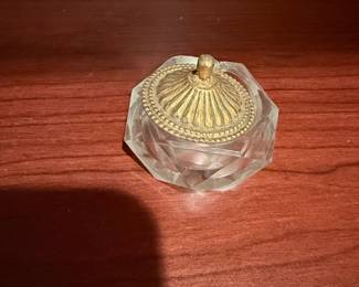 Vintage Octagonal Glass Powder Box with Ornate Brass Lid