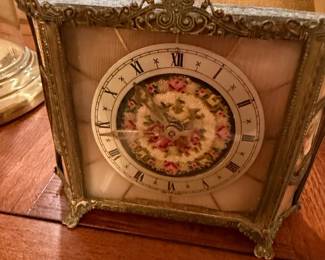 Ornate Gilt Metal Mantel Clock with Floral Needlepoint Dial