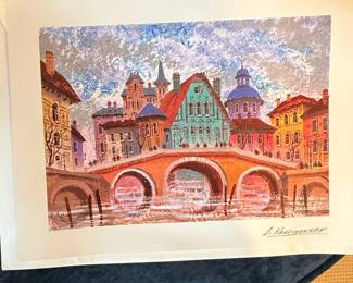 Anatole Krasnyansky Print of Canal Scene with Bridge