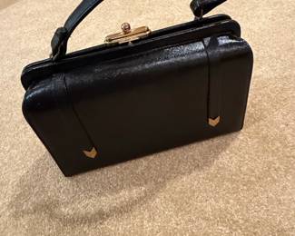 Vintage Black Textured Doctors Bag Style Handbag with GoldTone Clasp