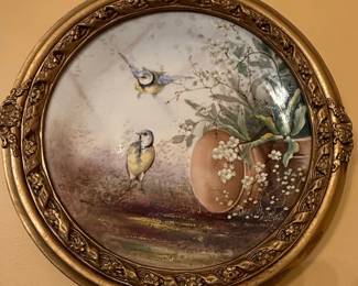 Oval Porcelain Plaque with Blue Tits and Blossoms