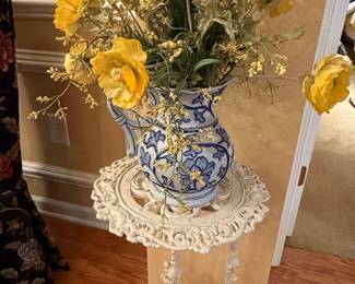 Blue and White Floral Pitcher with Ornate Stand