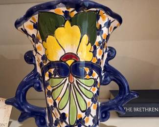Talavera HandPainted Ceramic Vase with Floral Motif and Handles
