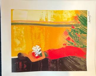Woman in Red with Bouquet of Flowers Seriolithograph by Emile Bellet