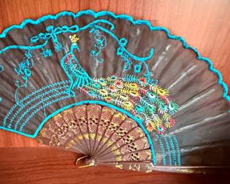 Embroidered Peacock Folding Fan with Blue Trim