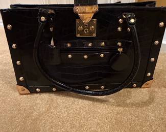 Black Faux Crocodile Textured Handbag with GoldTone Hardware and Studs