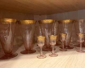 Tiffin Franciscan Rambler Rose Pink Optic Glassware with Gold Trim
