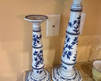 Blue and White Chinoiserie Porcelain Candlestick Holders