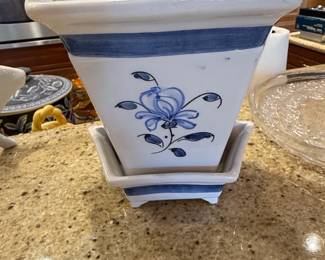Rubel Hand Painted Blue Floral Portugal Ceramic Planter with Saucer