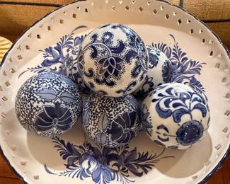 Blue and White Ceramic Decorative Orbs and Pedestal Bowl Set