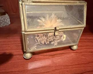 Vintage Brass and Glass TwoTiered Trinket Box with Dried Flowers