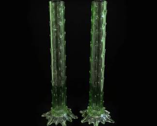 Green Glass Cactus Vases  Possibly Uranium Glass