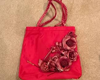 DANW Red Tote Bag with Snakeskin Floral Embellishments