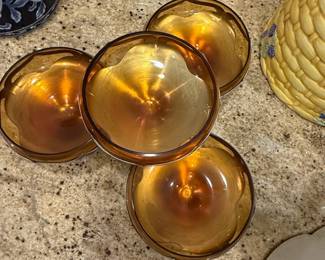 Set of Amber Glass Pedestal Bowls with Silver Tone Trim second image