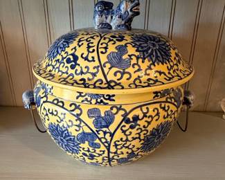 Vintage Blue and Yellow Floral Ginger Jar with Foo Dog Lid
